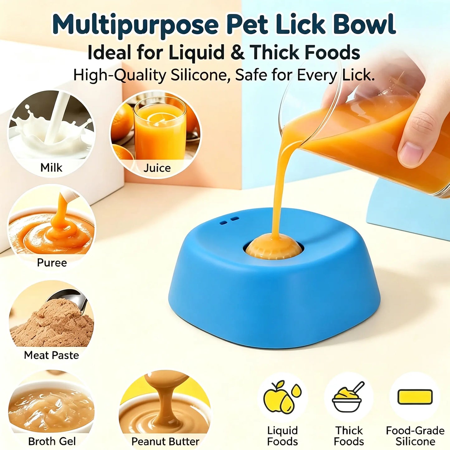 Pet Slow Feeder Licking Bowl for Dogs and Cats with Built-In Rolling Ball to Prevent Spills, Versatile Liquid Bowl for Bone Broth, Yogurt, Liquid Snacks & Supplements, Optional Anti-Slip Base Pad Available