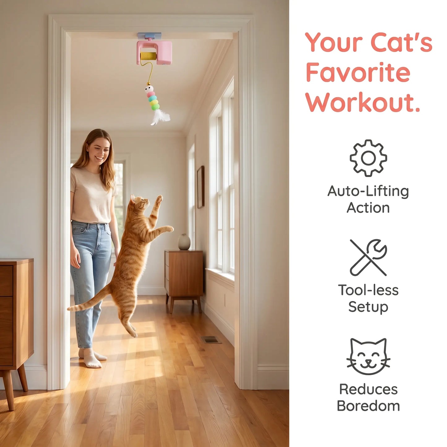 Interactive Retractable Bungee Cat Toy - Automatic USB Rechargeable Hanging Door Teaser for Indoor Play and Exercise