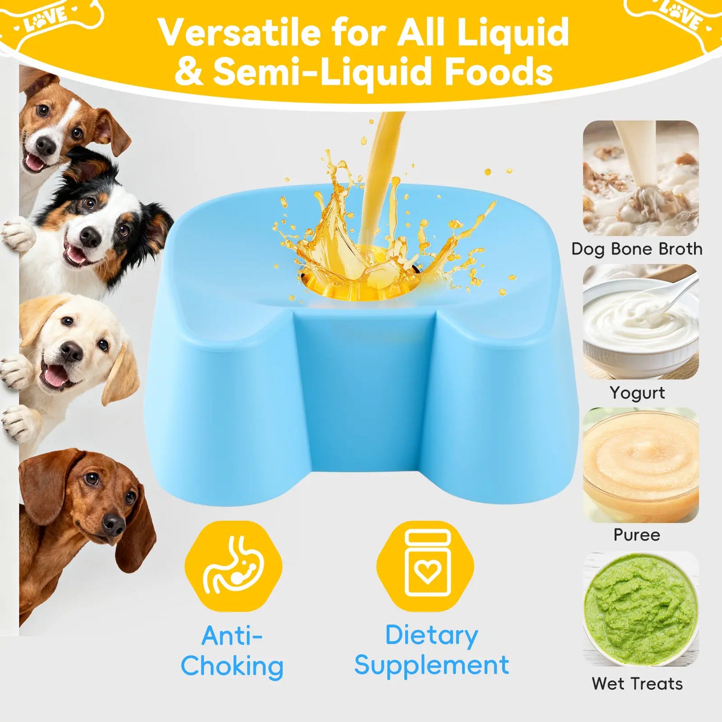 Silicone Non-Skid Slow Feeder Bowl for Dogs - 3/4 Cup Capacity Interactive Design for Bone Broth & Yogurt, Anxiety Relief for Small to Large Dogs (Blue) - Mid Year Sale