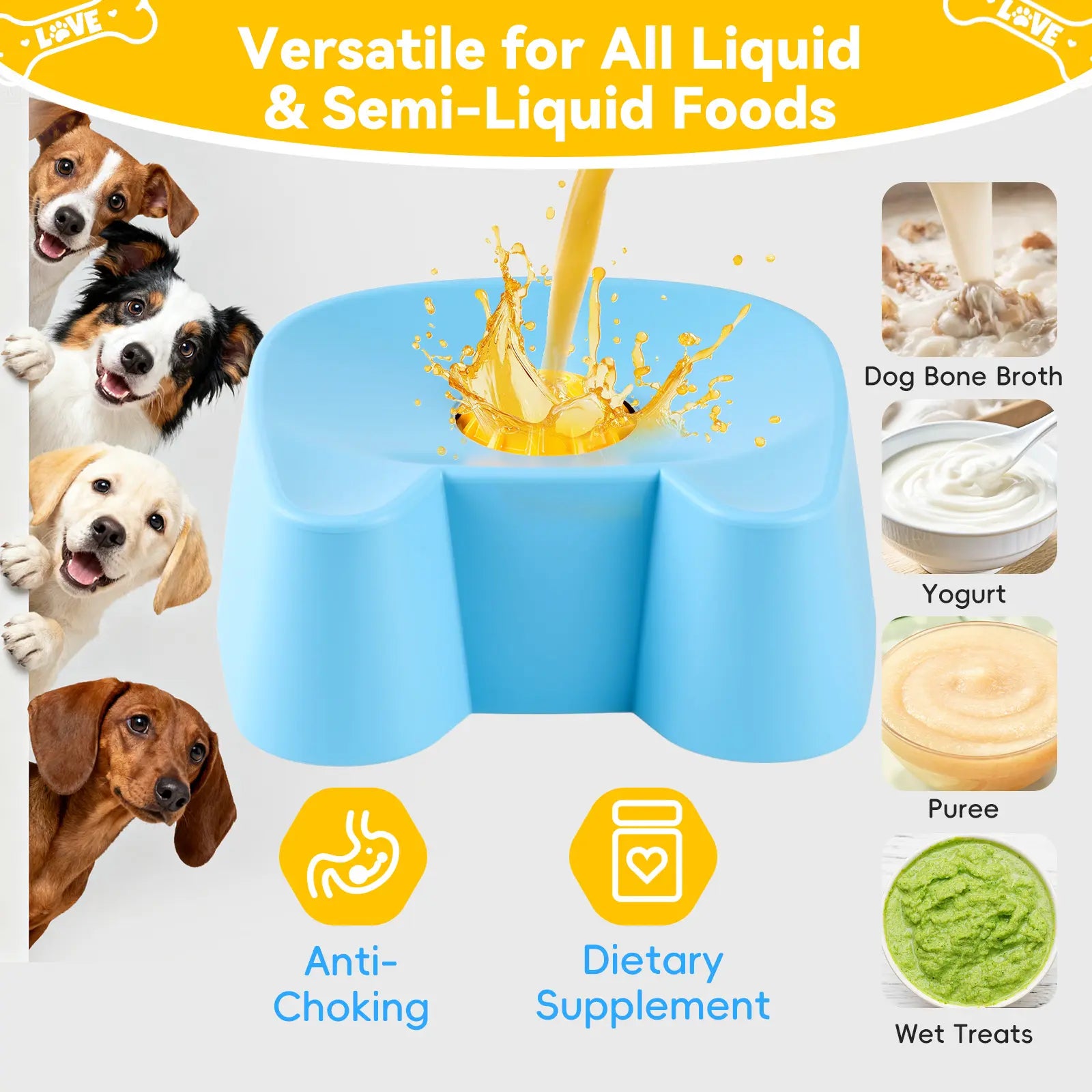 Silicone Non-Skid Slow Feeder Bowl for Dogs - 3/4 Cup Capacity Interactive Design for Bone Broth & Yogurt, Anxiety Relief for Small to Large Dogs (Blue) - Mid Year Sale